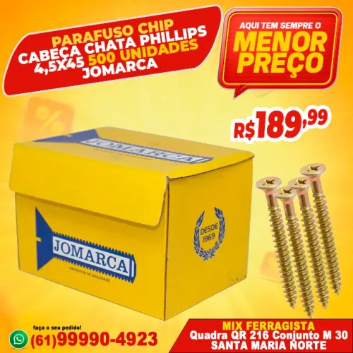 Parafuso Chip Cabeça Chata Phillips 4,5x45 500 Unidades Jomarca