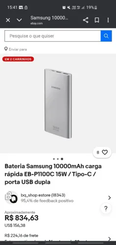 Bateria Samsung 10000mAh carga rápida EB-P1100C 15W / Tipo-C / porta USB dupla