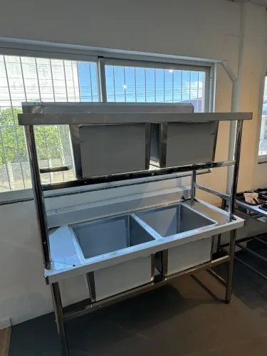 Bancada inox com pia 1500x700x850mm 2 cubas central nova 