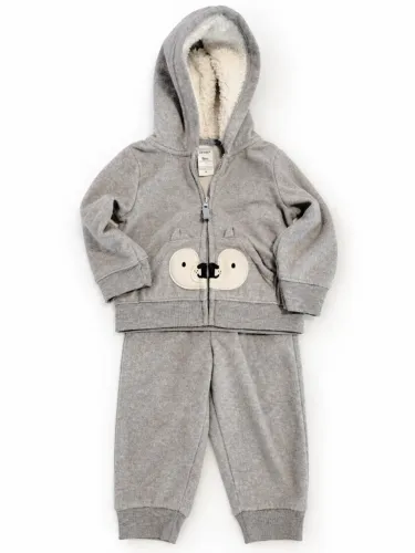 Conjunto Infantil de Moletom Cinza com Capuz Forrado - 9 Meses