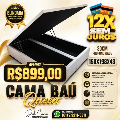 Qualidade de Fábrica! Cama Baú Queen 158x198x43 Blindada! Por apenas R$899,00