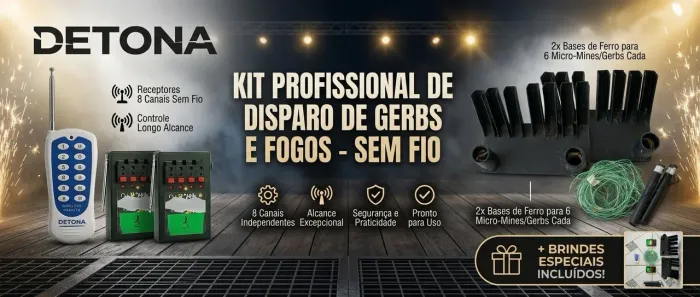 Kit Acionador de Gerbs e fogos sem Fio 8 Canais + Duas bases de Ferro para 6 micromines 