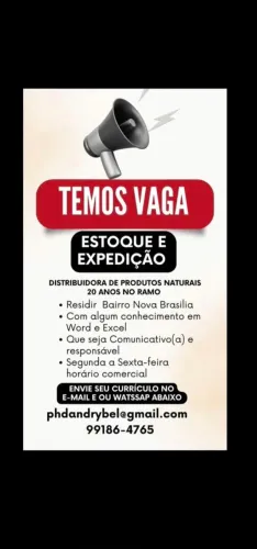 Vaga emprego Distribuidora Produtos Naturais 20 anos no ramo Bairro Nova Brasília