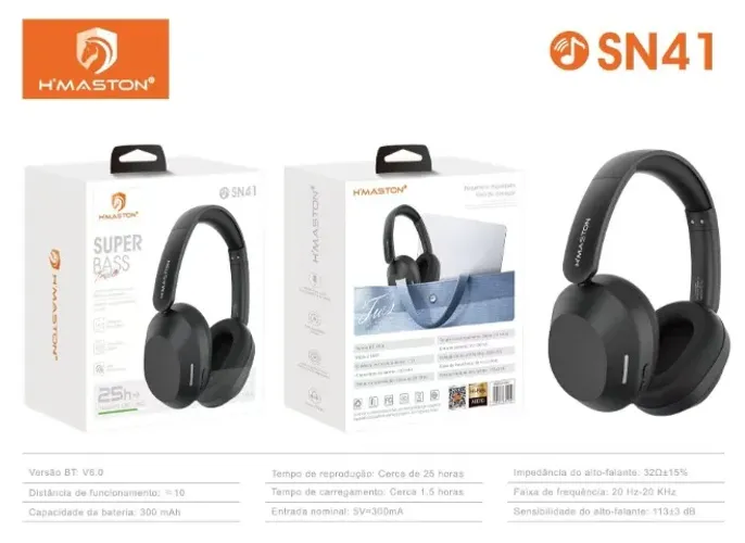 H?Maston SN41 Fone Bluetooth V6.0 Over-Ear Preto Sem Fio Até 25h Smartphones pode retirar 