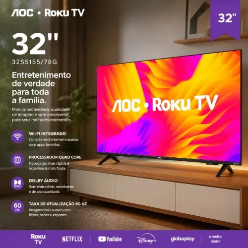 Smart TV AOC Roku TV 32" HD, Wi-Fi, Quad Core, Dolby Audio, 60Hz - 32S5155/78G