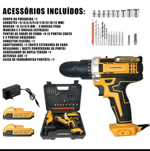 Furadeira Parafusadeira a Bateria 48V com 2 Baterias, Maleta e Acessórios