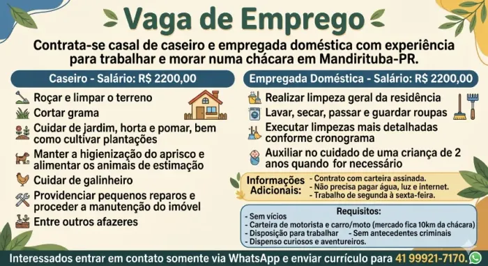 Contrata-se casal de caseiro e empregada doméstica 