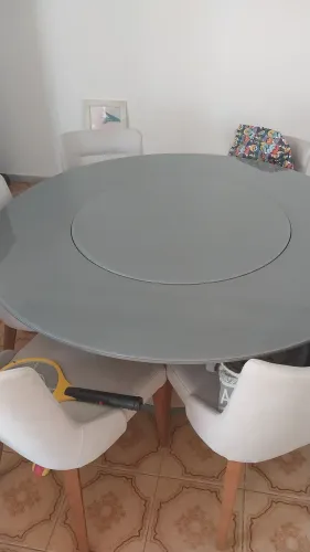 Mesa vidro redonda linda com detalhe em couro e madeira