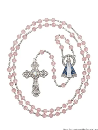 terço nossa sra aparecida miçanga cristal rosa resplendor cravejado 47cm