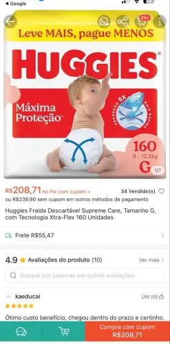 VENDO FRALDA HUGGIES TAM G 160 UNIDADES 