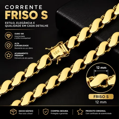 Corrente friso S 12mm com fecho gaveta moeda antiga peça idêntica a ouro 18k