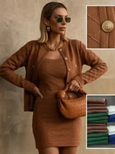 Twin Set Feminino Tricô Novo | Conjunto Elegante Marrom | Frete Grátis