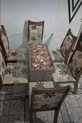 Mesa de Jantar com Tampo de Vidro com 6 Cadeiras