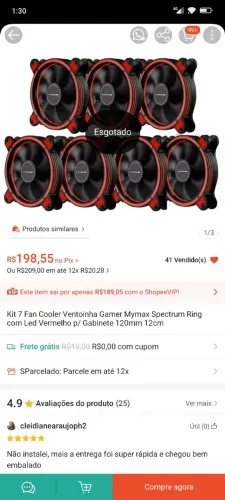 Kit 7 fans led vermelho, excelente estado
