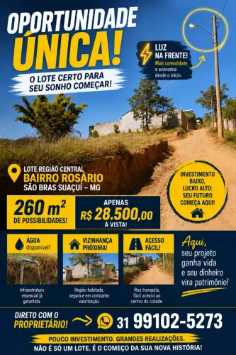 Oportunidade! R$ 28.500,00 - Lote 260 m2 Bairro Rosário - São Bras do Suaçui-MG -