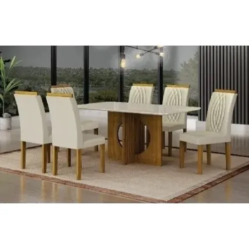 Mesa Lorena vidro off white c 6 cadeiras