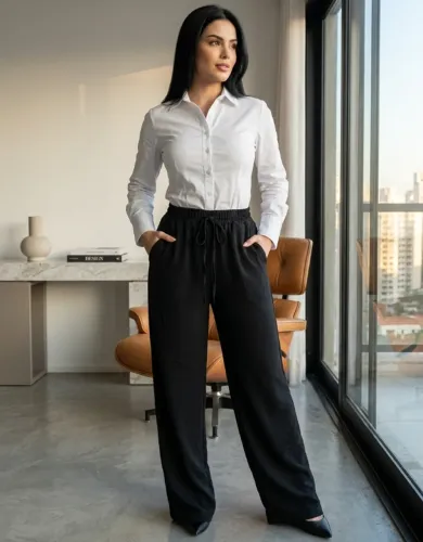 Calça pantalona duna com bolsos e laço feminina