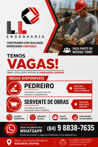 VAGAS PARA PEDREIRO E SERVENTE EM OBRAS EM MANGABEIRA