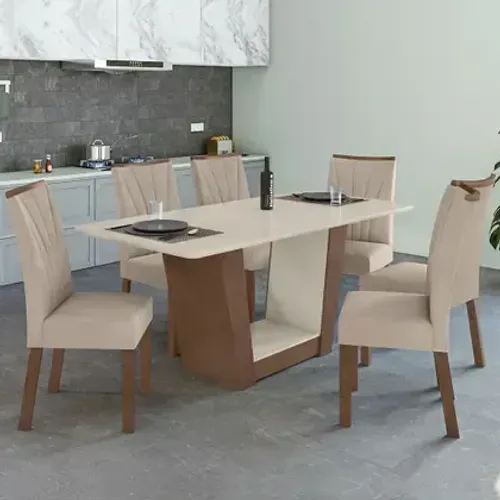 Conjunto de Mesa de Jantar 6 Cadeiras Marrom/Bege Com Tampo Bege