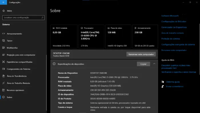 pc i3 6300, 8GB de RAM DDR4, SSD 238 GB