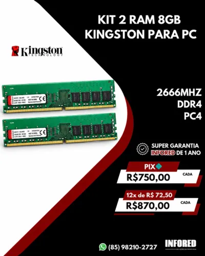 Kit Memória RAM Kingston 16GB (2x8GB) DDR4 2666MHz