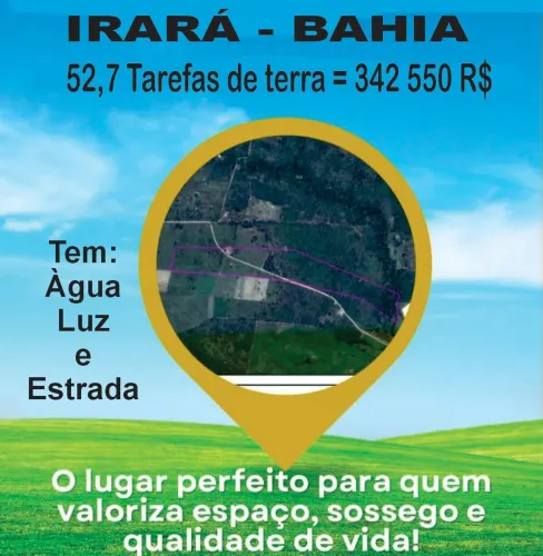 Terreno com 52,7 tarefas de terra, em Irará,  Bahia, vende-se tudo ou metade.
