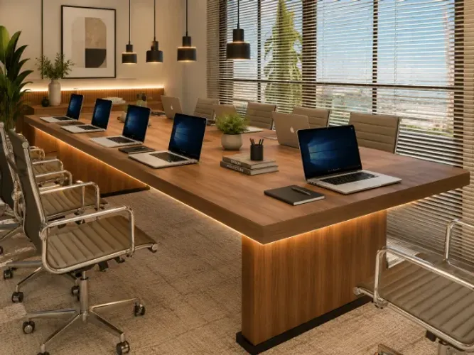 Mesa de Reunião Wood Delluxe Copenhagen. Alto Padrão. Com Tomadas. L360cm x P130cm x A74cm