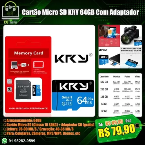 Cartão Micro SD KRY 64GB Com Adaptador