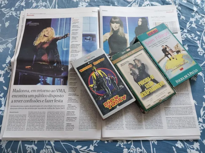 Jornal e VHS Madonna, colecionáveis.