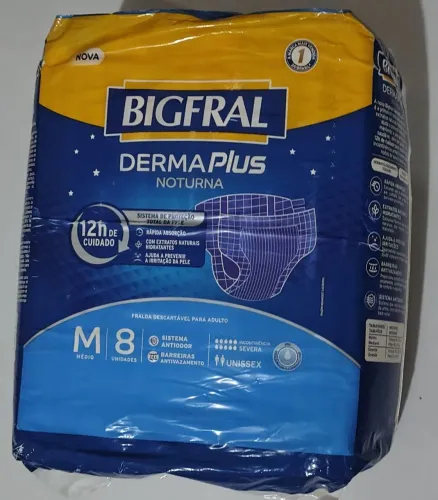 Fralda Descartável BIGFRAL DERMA PLUS NOTURNA Tamanho M, 8 unidades<br>