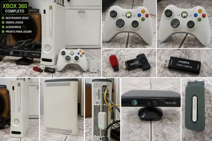 Xbox 360 rgh com 45 jogos digitais+2 controles +kinect fonte original e hd