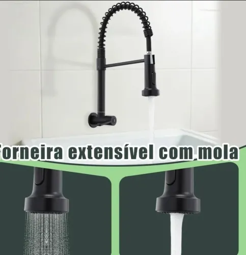 Torneira De Cozinha Em Metal Rotação Total 360° Flexível Preto Parede