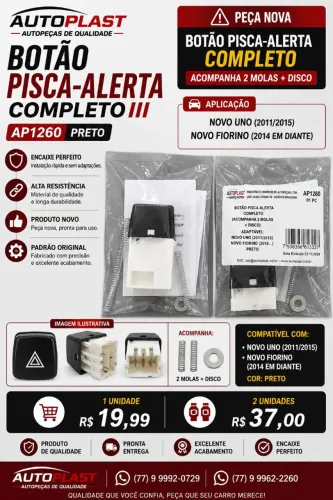 BOTÃO PISCA-ALERTA COMPLETO AUTOPLAST AP1199 PRETO