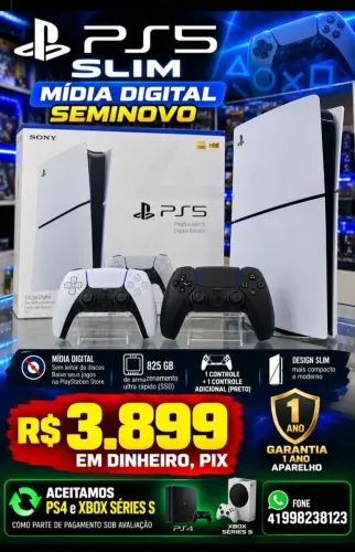 PS5 SLIM MÍDIA DIGITAL SEMINOVO,2 CONTROLES, GARANTIA 1 ANO, LOJA