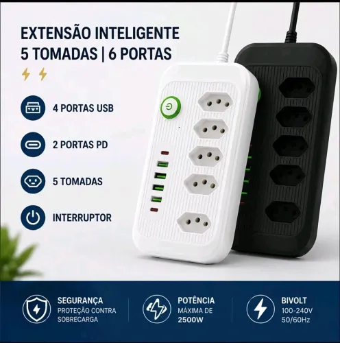 Extensão 5 tomadas 5 USB bivolt