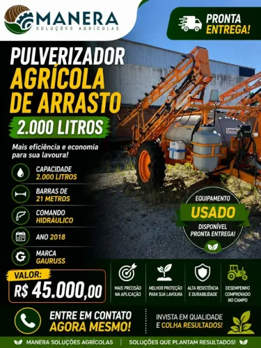 Pulverizador de Arrasto de 2.000 Litros com 21 Metros, Comando Hidráulico, Ano 2018