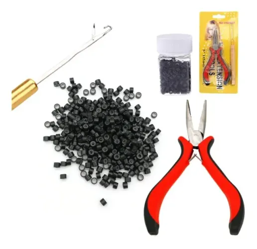 Kit Mega Hair Alicate + Agulha + 100 Microlinks Com Silicone