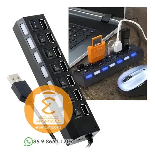 Hub USB 7 Portas com Chave Seletora - Adaptador Extensor 2.0