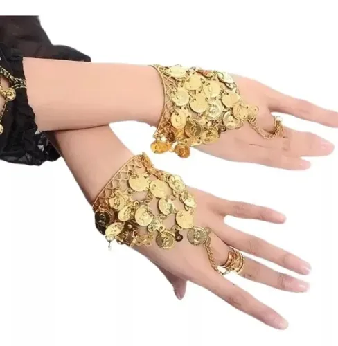 Pulseira de moedas douradas com anel para dança do ventre ou cigana
