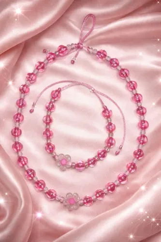 Conjunto Pulseira e Colar Rosa com Flores