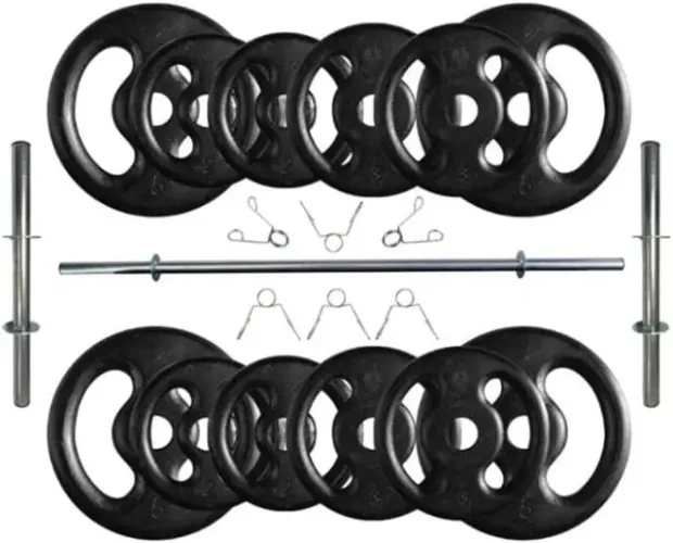 Kit Anilhas Ferro Fundido 40 Kg + Barras com Presilhas