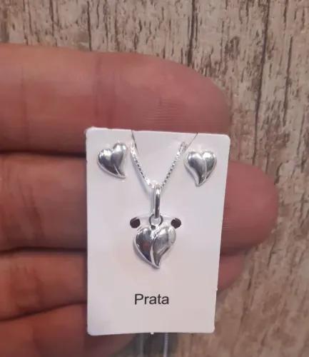 Conjunto de Colar e Brincos de Prata - Coração Duplo