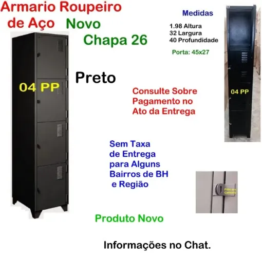 Armário Roupeiro de Aço 04 Portas preto comercio Empresa Vestiário Industria Escola casa