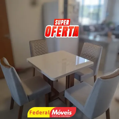 Mesa de Jantar 90x90 tampo de vidro c/ 4 Cadeiras 100% MDF - Mega Oferta 