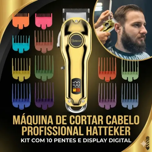 Máquina Cortar Cabelo Profissional HT-6020 10 Pentes Ajustáveis