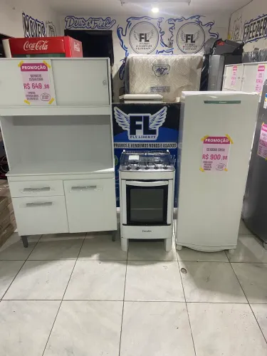 GELADEIRA DEGELO SECO + FOGÃO DE 4 BOCAS MANUAL + ARMÁRIO DE COZINHA