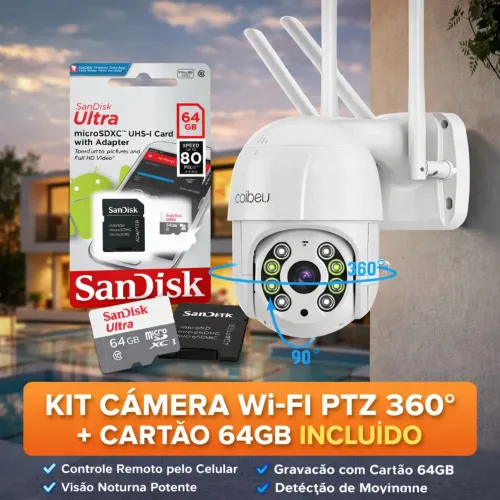 Kit Câmera de Segurança WiFi PTZ 360° + Cartão de Memória 64GB SanDisk