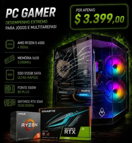 PC Gamer Ryzen 5 4500 4.1Ghz / Mem 16Gb / SSD 512Gb / RTX 3060 12Gb (aceito cartão)