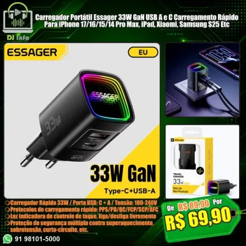 Carregador Portátil Essager 33W GaN USB A e C Carregamento Rápido