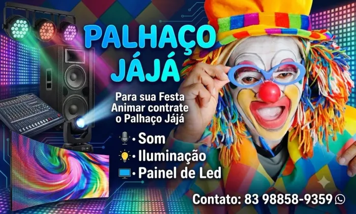 Palhaço, som, iluminação, painel de led